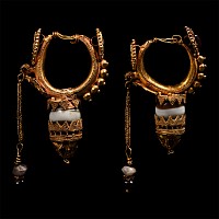 Large Eastern Hellenistic Gold Earring Pair with Garnets