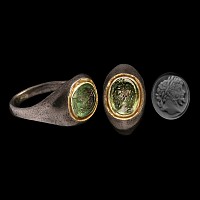 Roman Aquamarine Gemstone with Portrait of Emperor Septimius Severus in Silver and Gold Ring