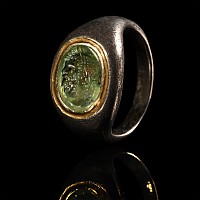 Roman Aquamarine Gemstone with Portrait of Emperor Septimius Severus in Silver and Gold Ring