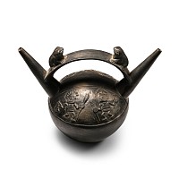 Pre Columbian Black Ware Stirrup-Spout Vessel with Frogs and Warriors