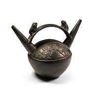 Pre Columbian Black Ware Stirrup-Spout Vessel with Frogs and Warriors
