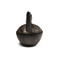 Pre Columbian Black Ware Stirrup-Spout Vessel with Frogs and Warriors