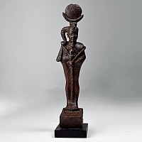 Egyptian Bronze Khonsu Statuette with Silver Eyes
