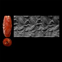 Neo-Babylonian Carnelian Cylinder Seal with Two Winged Quadrupeds