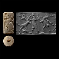 Late Assyrian Chalcedony Cylinder Seal with Standing Deity