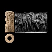 Syrian Grey Stone Cylinder Seal with Figure Holding Fish