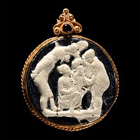 Roman Glass Cameo Tondo with Baby Dionysos, Raised by Nymphs on Mount Nysa, in Gold Pendant Setting
