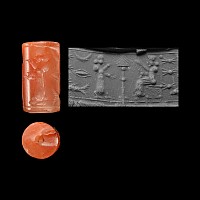 Neo-Assyrian Carnelian Cylinder Seal with Worship Scene