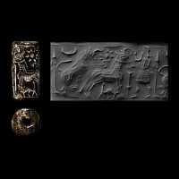 Neo-Assyrian Black Stone Cylinder Seal with Bull and Cow