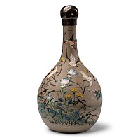Japanese Banko Ware Painted Vessel with Silver Lid