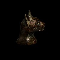 Egyptian Bronze Cat Head with Incised Scarab