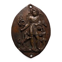 Post Medieval Bronze Vesica-Shaped Plaque with Saint