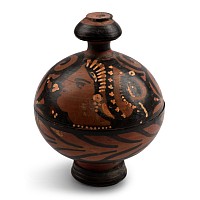Greek Apulian Black-Glazed Lidded Pyxis with Lady of Fashion