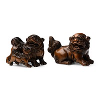 Japanese Carved Wooden Foo Dog Pair