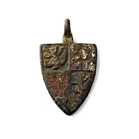 Medieval Enamelled Gilt Bronze Heraldic Horse Harness Pendant for Philippa of Hainault, Queen of Edward III
