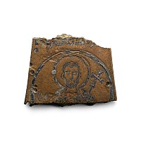 Byzantine Bronze Processional Cross Fragment with Inlaid Silver Bust