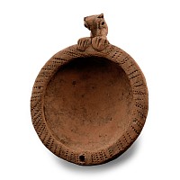 Mesopotamian Terracotta Dish with Animal Figurehead