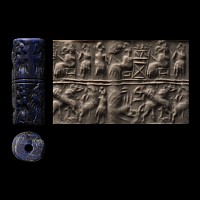 Sumerian Lapis Lazuli Cylinder Seal with Gods and Attendant