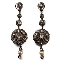 Pair of Elaborate Gold and Silver Earrings Set with Diamonds