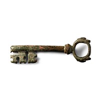 Large Medieval Bronze Door Key with Animal Heads on Handle