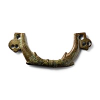 Large Roman Bronze Vessel Handle with Conjoined Dolphins