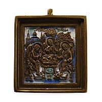 Russian Orthodox Enamelled Bronze Travel Icon with the Old Testament Trinity
