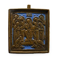 Russian Orthodox Enamelled Bronze Travel Icon with Extended Deesis