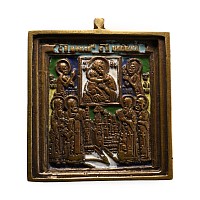 Russian Orthodox Enamelled Bronze Travel Icon with Veneration of the Virgin of Vladimir