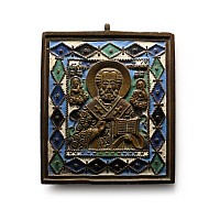 Russian Orthodox Enamelled Bronze Travel Icon with Saint Nicholas