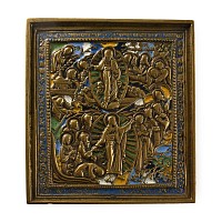 Russian Orthodox Enamelled Bronze Travel Icon with Anastasis