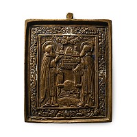 Russian Orthodox Enamelled Bronze Travel Icon with Saints Zosima and Sabbas