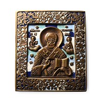 Russian Orthodox Enamelled Bronze Travel Icon with Saint Nicholas