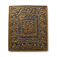 Russian Orthodox Enamelled Bronze Travel Icon with Saint Julitta, Cyricus and Deesis