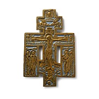 Russian Orthodox Enamelled Bronze Travel Icon with Christ Flanked by Mary, Maria, and Saint John