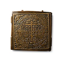 Russian Orthodox Enamelled Bronze Triptych Icon with Christ, Virgin Mary and Saint John
