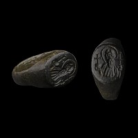Byzantine Bronze Ring with Saint and Crosses