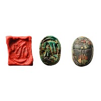 Egyptian Steatite Scarab with Horus and Uraeus