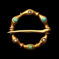Medieval Gold Brooch with Turquoise and Pearls