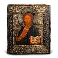 Painted Wooden Icon with Christ Pantocrator with Silver Basma