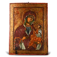 Large Painted Wooden Icon of Mother of God of Tikhvin