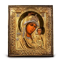 Russian Wooden Icon of the Virgin of Kazan with Silver-Gilt Riza