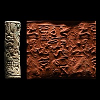 Middle Elamite Glazed Faience Cylinder Seal with Feasting Scene