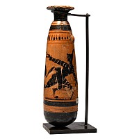 Greek Black-Figure Alabastron with Fighting Warriors