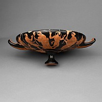 Greek Red-Figure Kylix with Dancing Nymphs and Satyrs