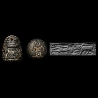 Western Asiatic Black Stone Cylinder and Stamp Seal with Animal Frieze