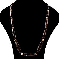Tibetan Banded Agate and Gilt Prayer Bead Necklace