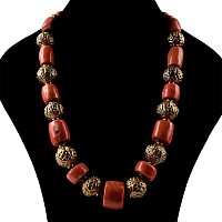 Tibetan Coral, Glass and Gilt Prayer Bead Necklace