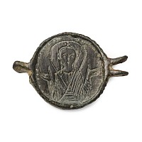 Byzantine Bronze Fitting with Christ and Saint