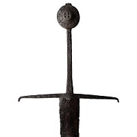 Medieval Knight's Iron Hand-and-a-Half Sword with Inscribed Bronze Pommel