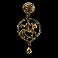 Medieval Knight's Gilt Bronze Horse Harness Pendant and Hanger with Axe-Wielding Rider